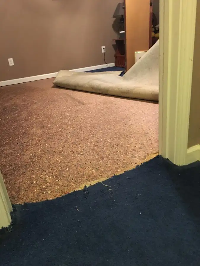 Carpet pad removal revealing water damage during Drying & Dehumidification in Massillon
